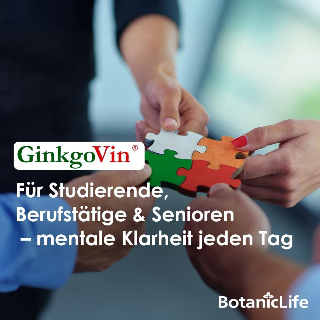 Hände legen Puzzleteile zusammen. GinkgoVin-Logo. Text: Für Studierende, Berufstätige & Senioren - mentale Klarheit jeden Tag.