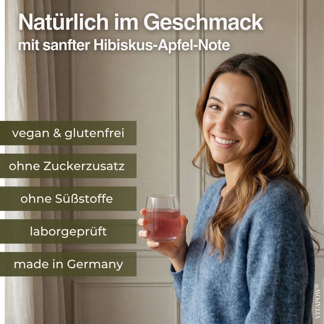 Frau hält ein Glas mit einem roten Getränk. Links daneben sind Infoboxen zu vegan, glutenfrei, zuckerfrei, laborgeprüft und made in Germany.