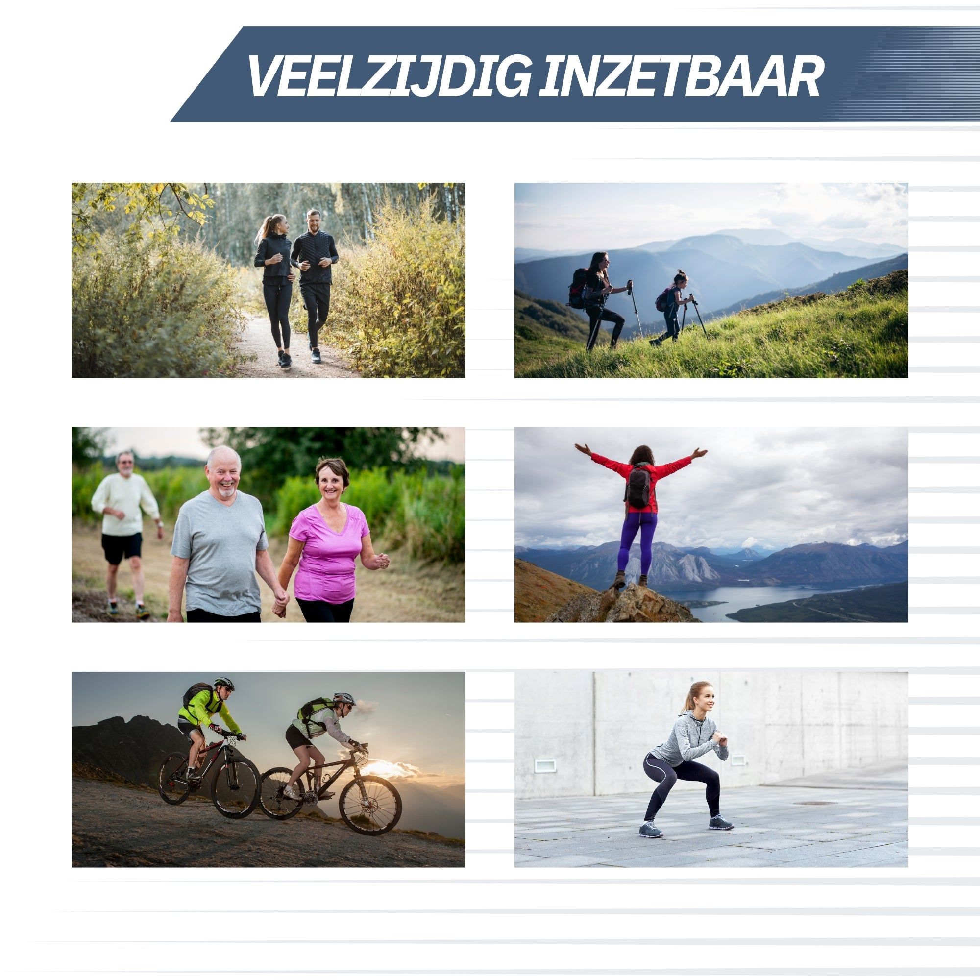 Mehrere Personen sind in verschiedenen Outdoor-Aktivitäten zu sehen: Laufen, Wandern, Radfahren und Yoga.