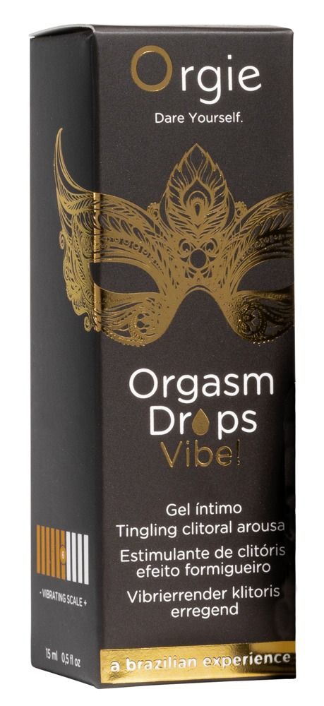 Schwarze Verpackung mit Produktnamen und Masken-Design. Text: Orgie, Orgasm Drops Vibe!, Gel intimo, 15 ml. Vibrating Scale.