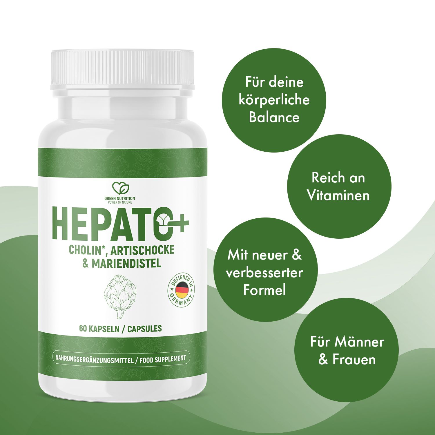 Kapsel-Dose mit grünem Hintergrund und Text. Text: Für deine körperliche Balance, Reich an Vitaminen, Mit neuer & verbesserter Formel, Für Männer & Frauen.