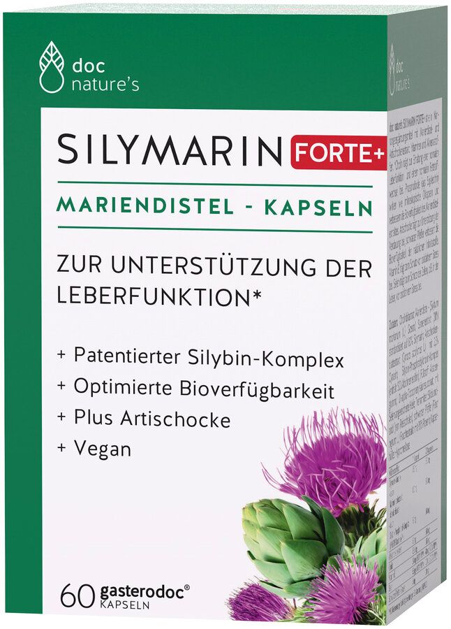 Verpackung von Mariendistel Kapseln. Enthält 60 Kapseln. Aufschrift: SILYMARIN FORTE+, Mariendistel-Kapseln, zur Unterstützung der Leberfunktion.