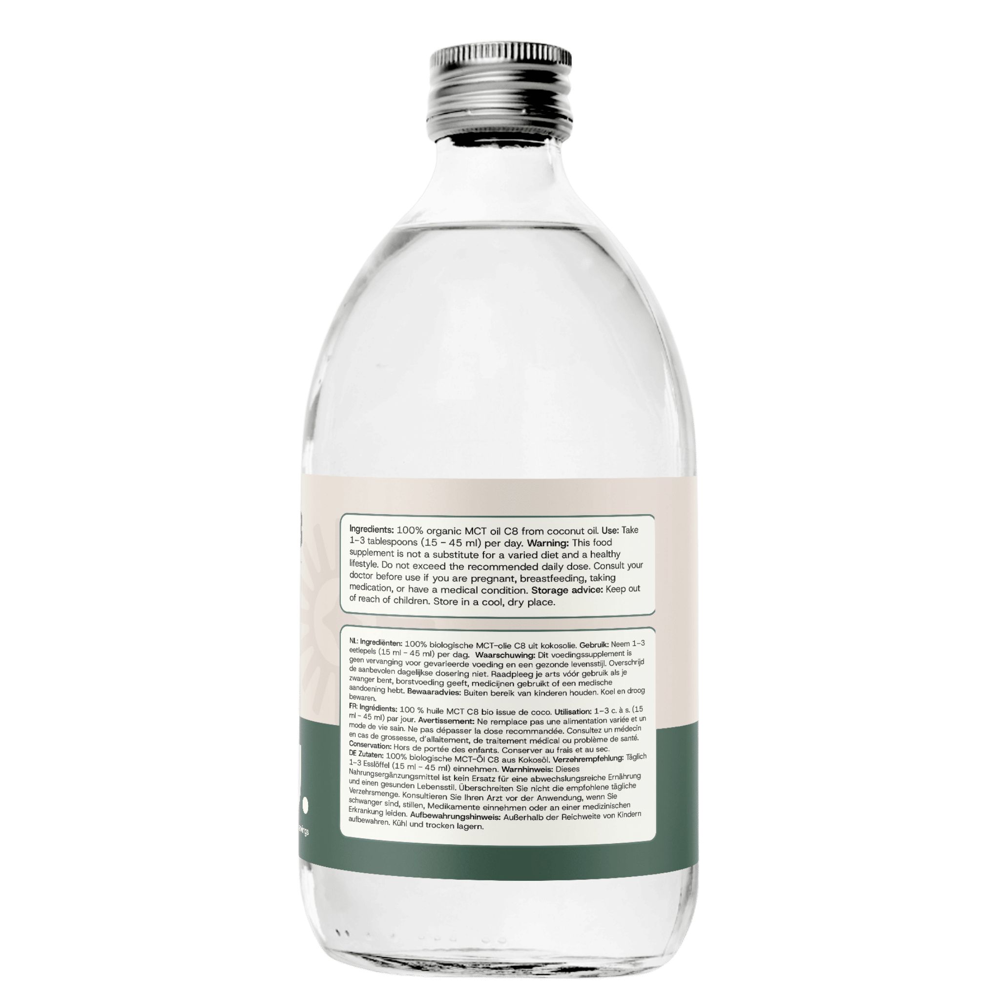 Flasche MCT Öl C8, 500ml. Zutatenliste und Anwendungshinweise auf dem Etikett.