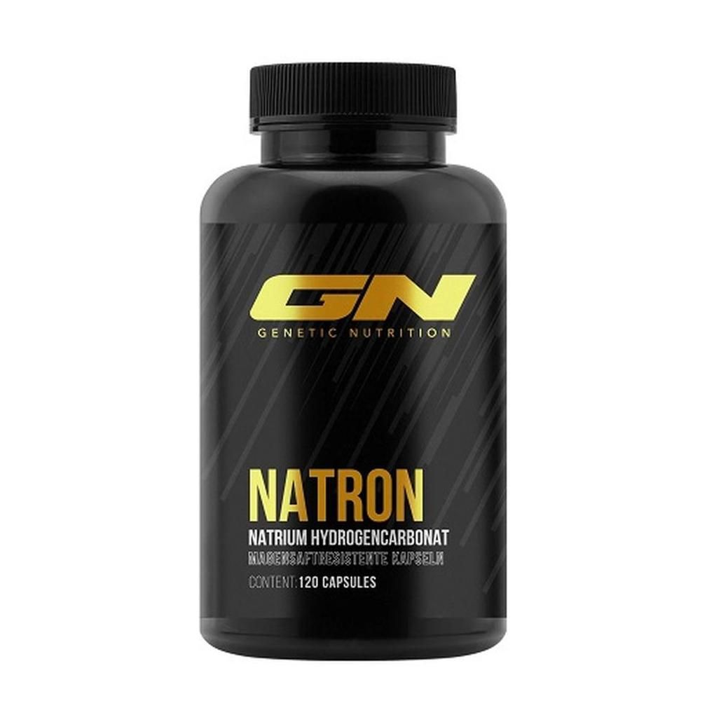 Schwarze Flasche mit goldfarbenem Etikett. Aufschrift: GN Natron, Natriumhydrogencarbonat, 120 Kapseln.