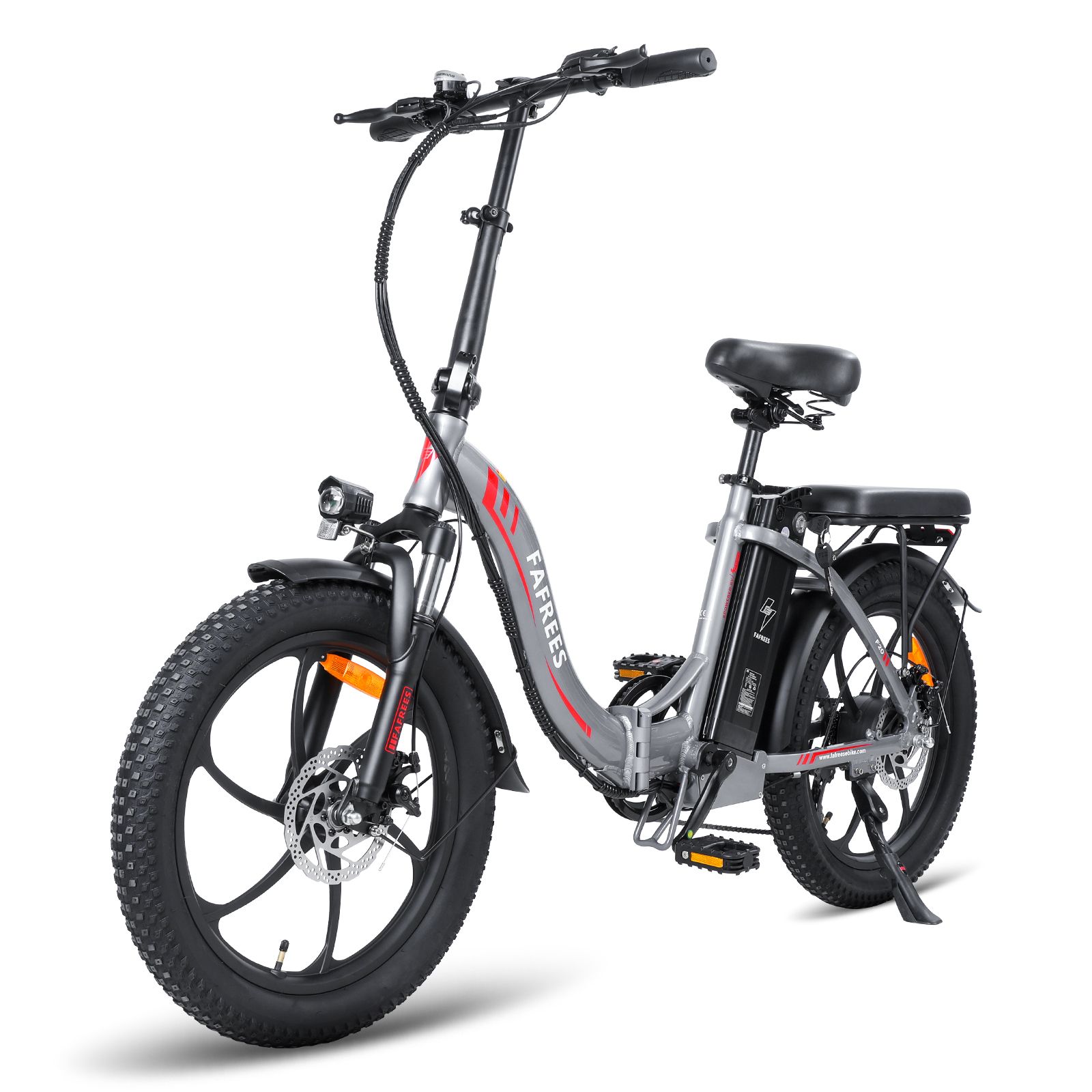 Graues FAFREES F20 Klapp-E-Bike. Schwarze Reifen, Sattel und Gepäckträger. Frontansicht.