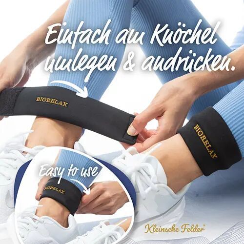 Personen tragen schwarze Manschetten mit goldener BIORELAX-Aufschrift an den Knöcheln. Text: Easy to use.