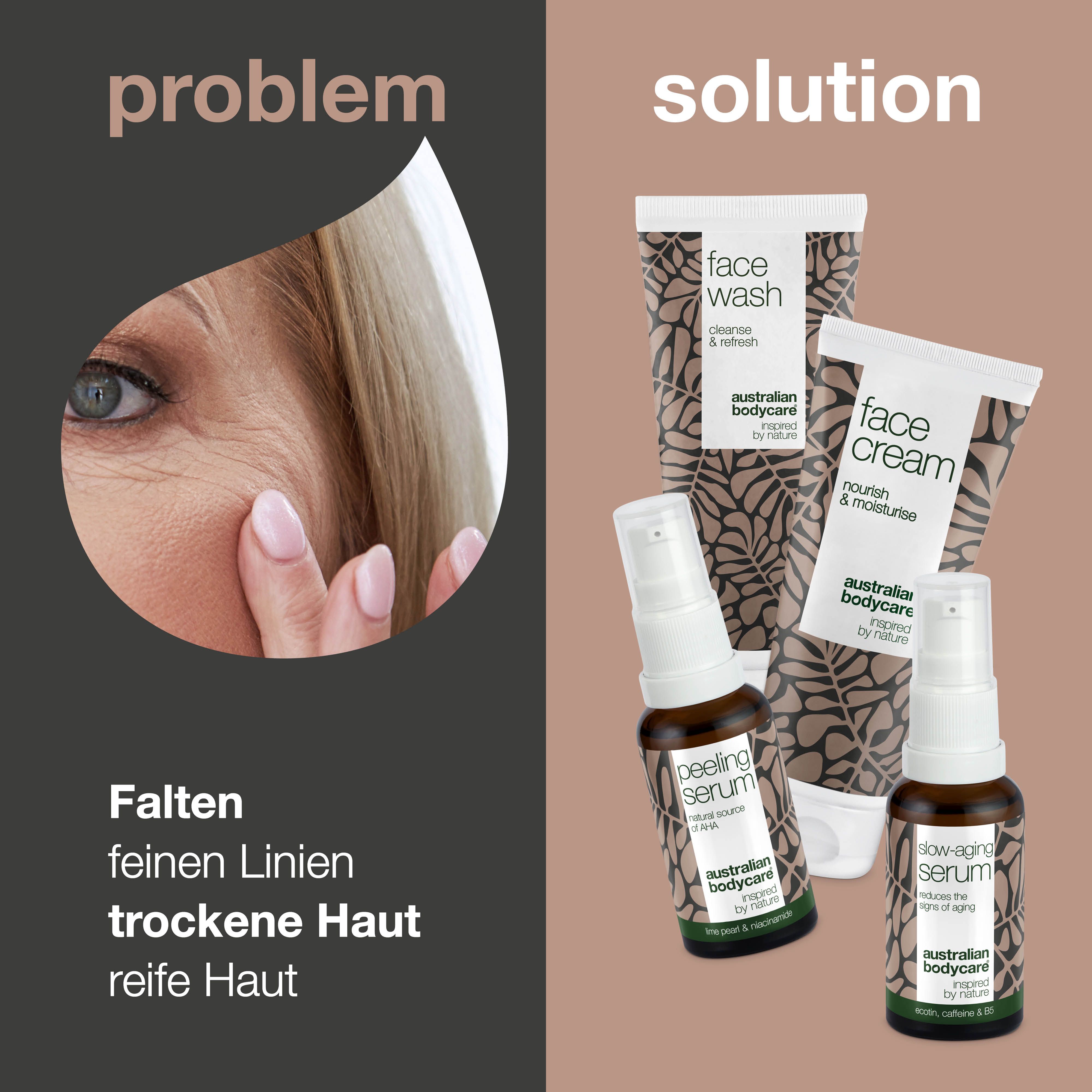Problem: Falten, feine Linien, trockene Haut, reife Haut. Lösung: Produkte von Australian Bodycare.