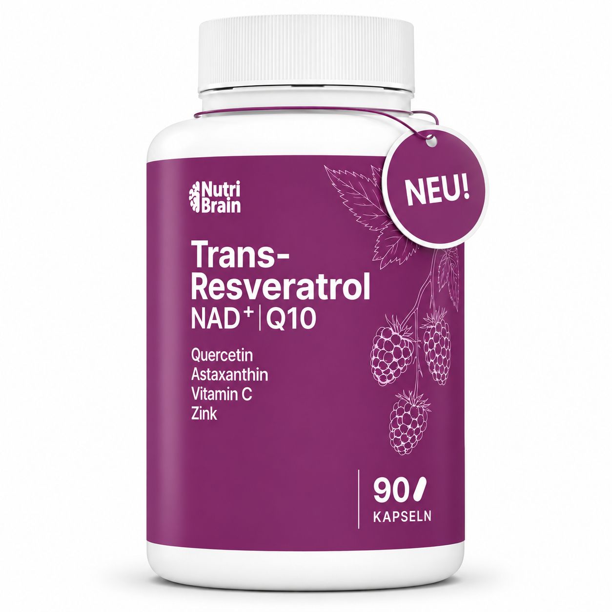 Flasche NUTRIBRAIN Trans-Resveratrol NAD+ Q10 mit "NEU!"-Anhänger.