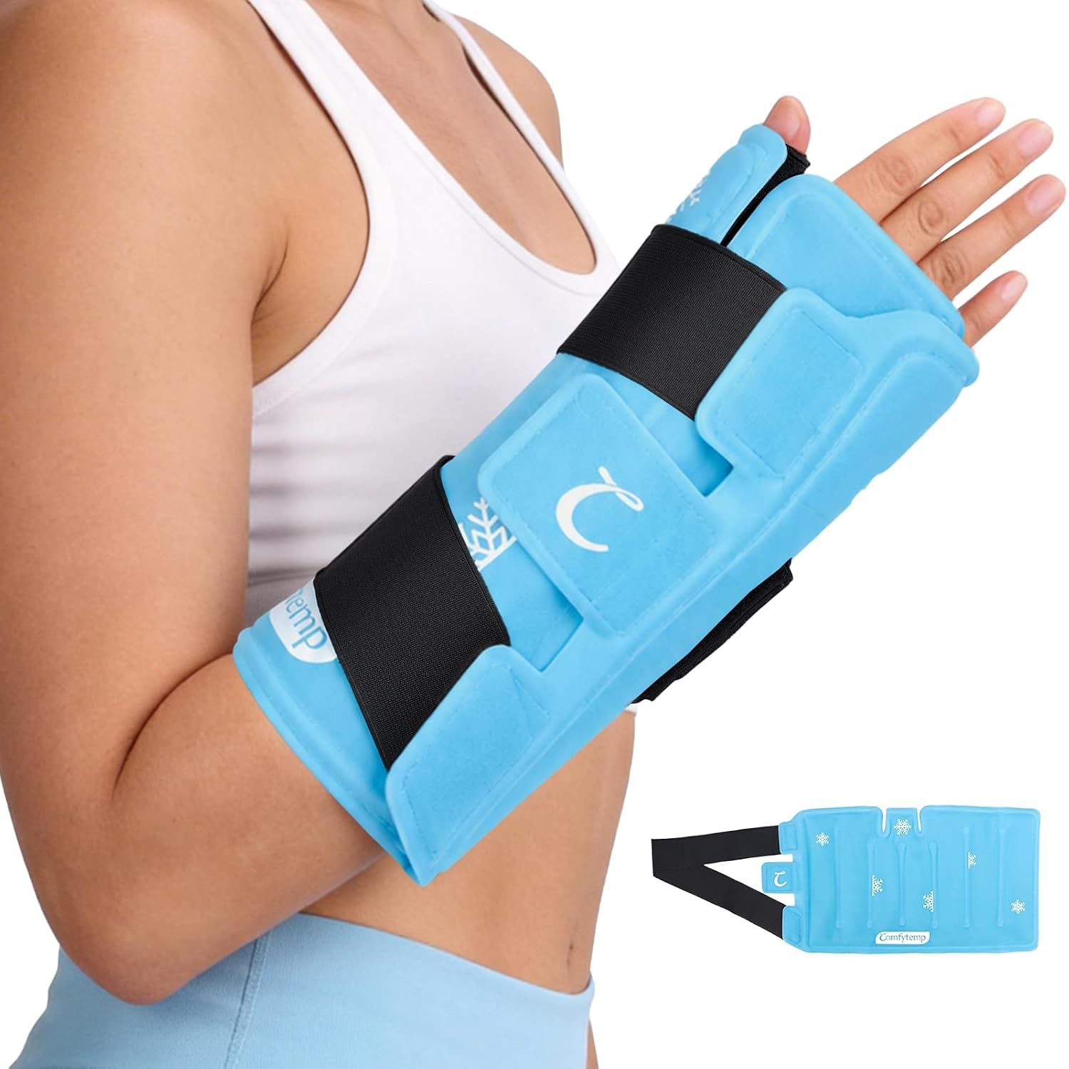 Anleitung zur Anbringung einer blauen Handgelenk-Kühlbandage.