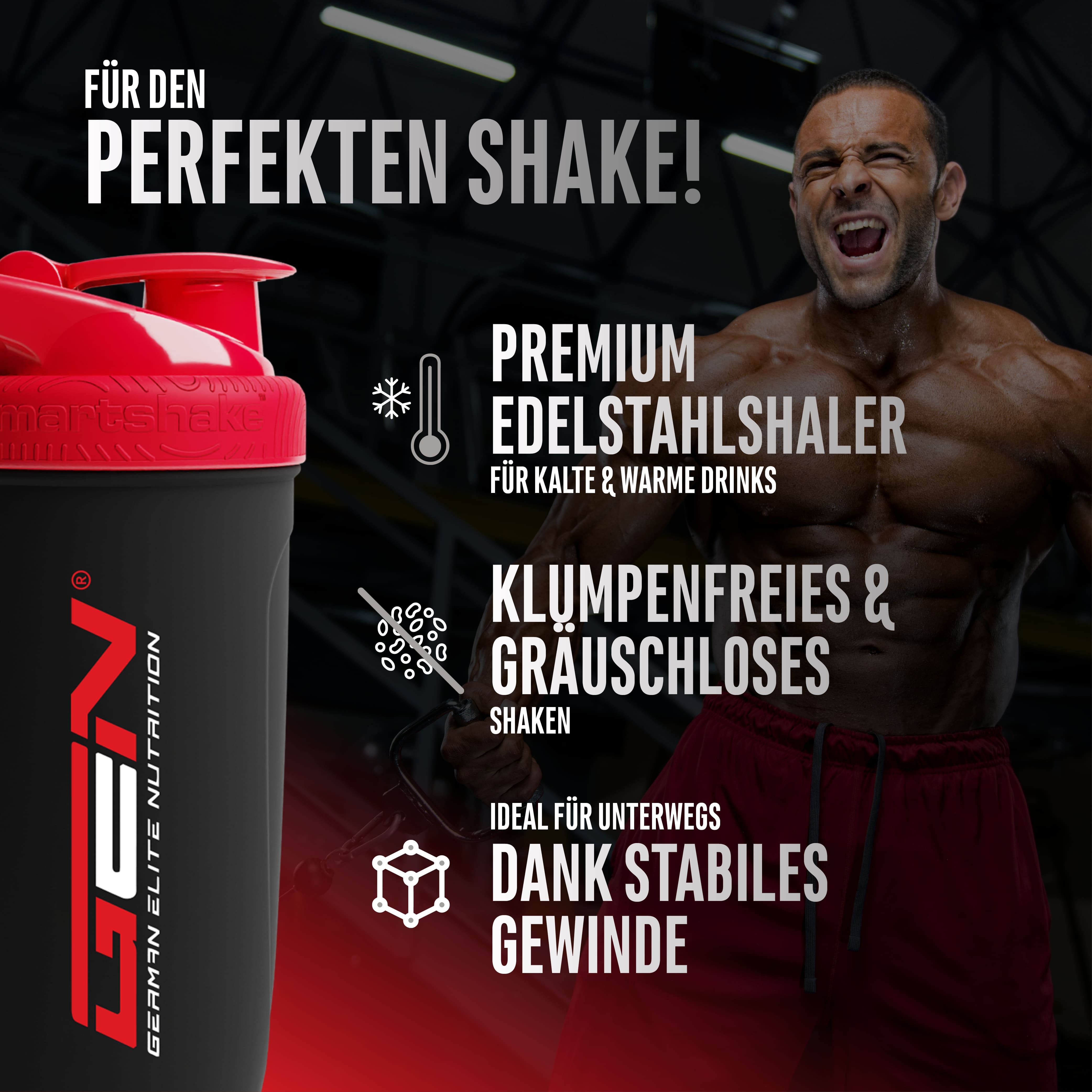 Schwarzer Shaker mit rotem Deckel. GEN-Logo. Text: Premium Edelstahlshaker. Für kalte & warme Drinks.