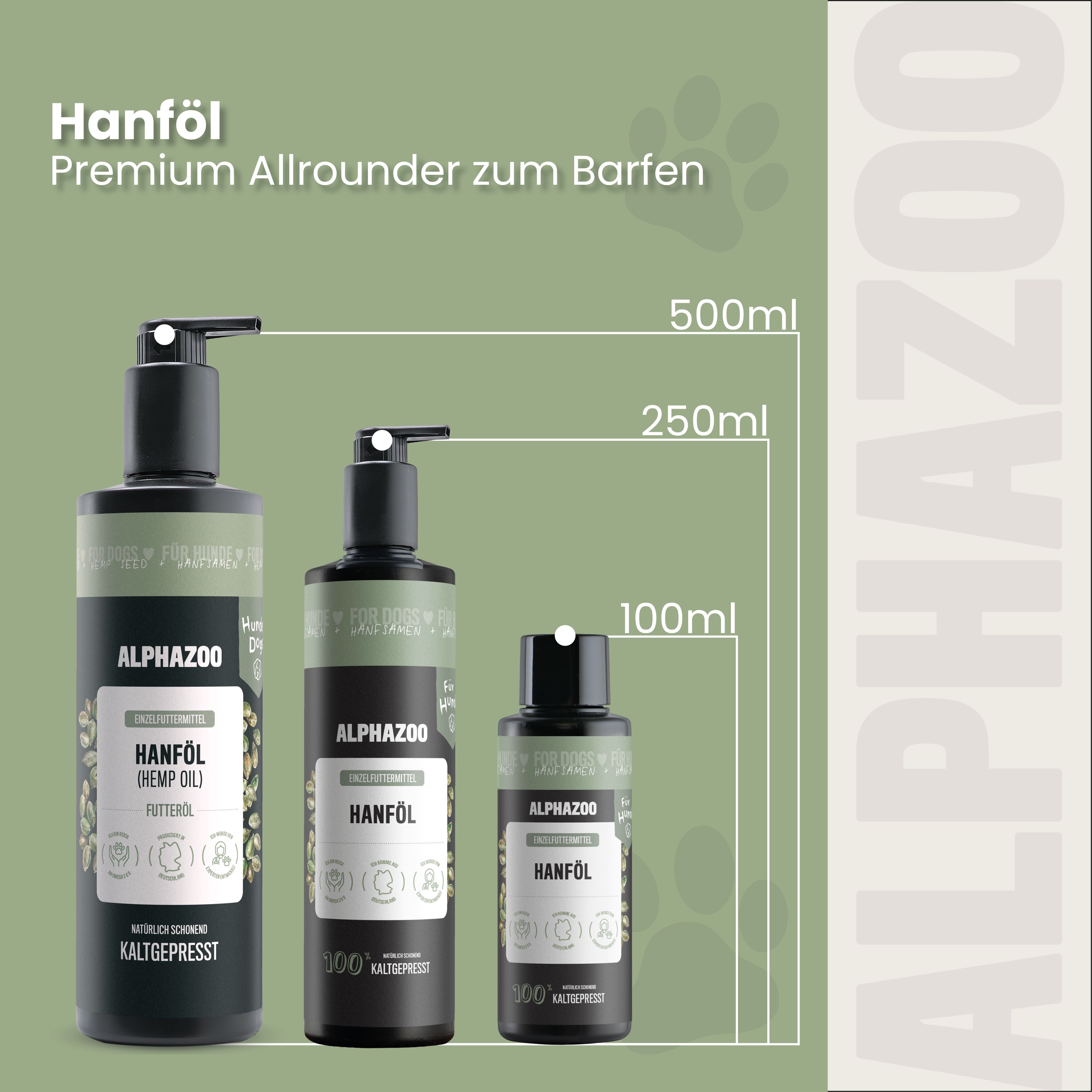 Drei Flaschen ALPHAZOO Hanföl, 500ml, 250ml, 100ml. Premium Allrounder zum Barfen. Größenangaben.