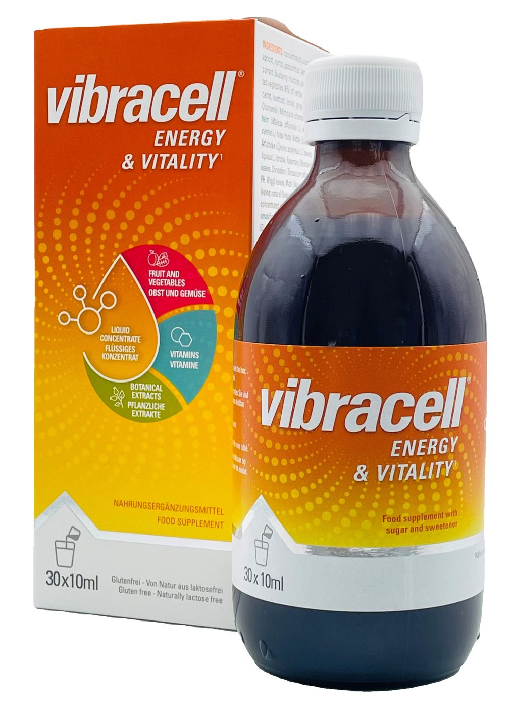 Vibracell® Flasche und Verpackung. Aufschrift: Energy & Vitality. Enthält 30x10ml. Nahrungsergänzungsmittel.