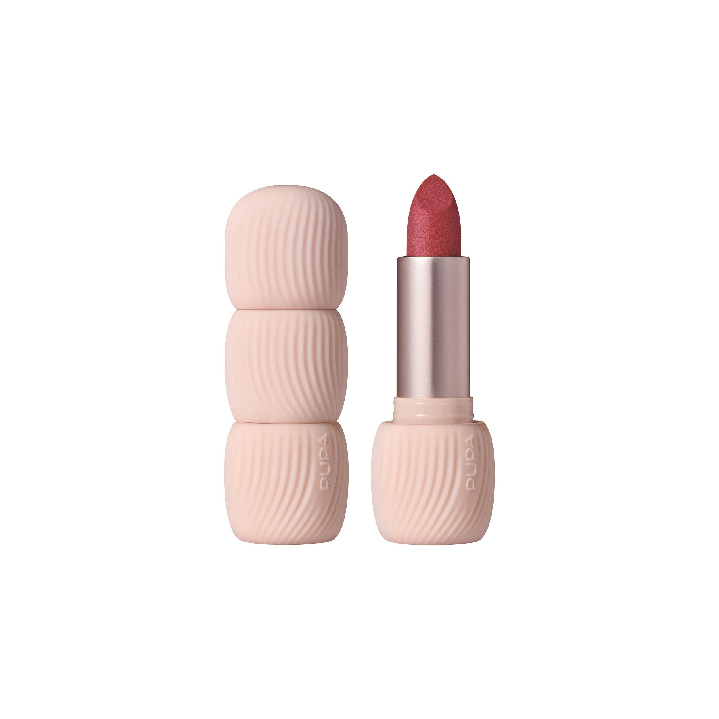 Ein rosafarbener Lippenstift mit mattem Finish und geripptem Gehäuse. Der Deckel ist separat abgebildet.