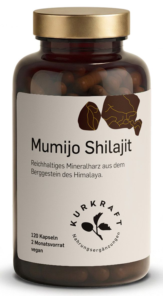 Braune Glasflasche mit Kapseln. Etikett mit Text: Mumijo Shilajit, 120 Kapseln, 2 Monatsvorrat, vegan. Logo Kurkraft.