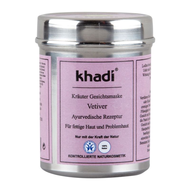 Metallbehälter mit lila Etikett. Aufschrift: khadi, Kräuter Gesichtsmaske Vetiver, ayurvedische Rezeptur. Kontrollierte Naturkosmetik.