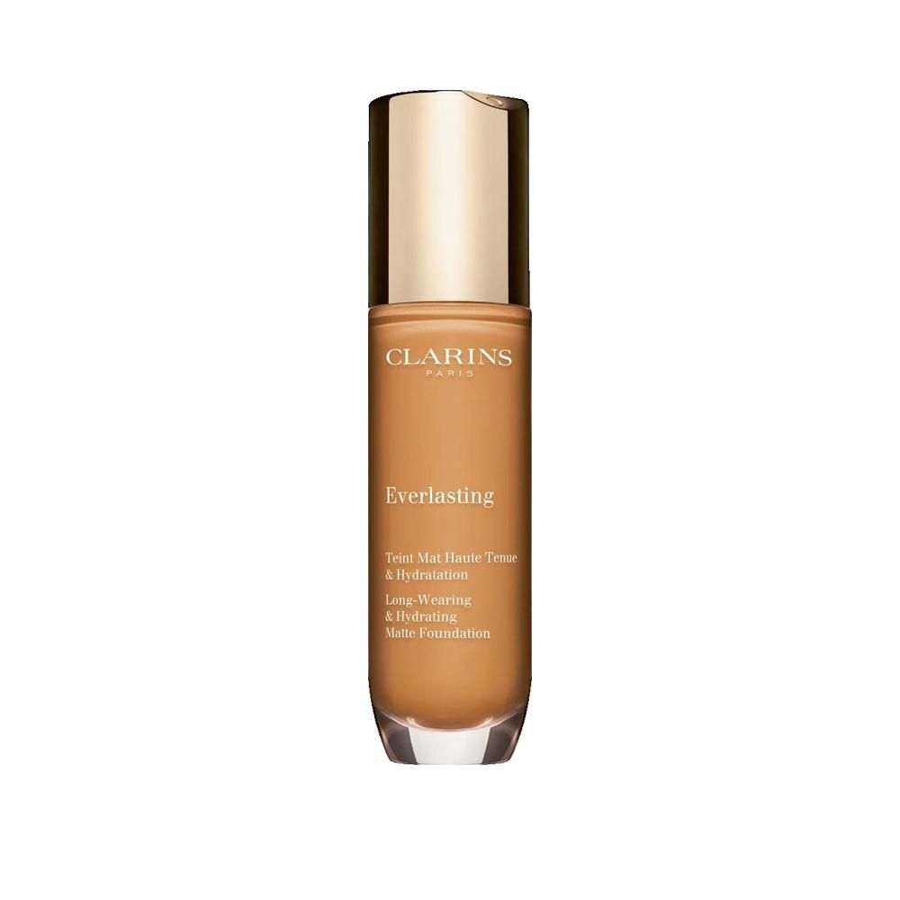 Foundation-Flakon mit goldfarbenem Deckel. Aufschrift: Clarins, Everlasting. Lang anhaltend.