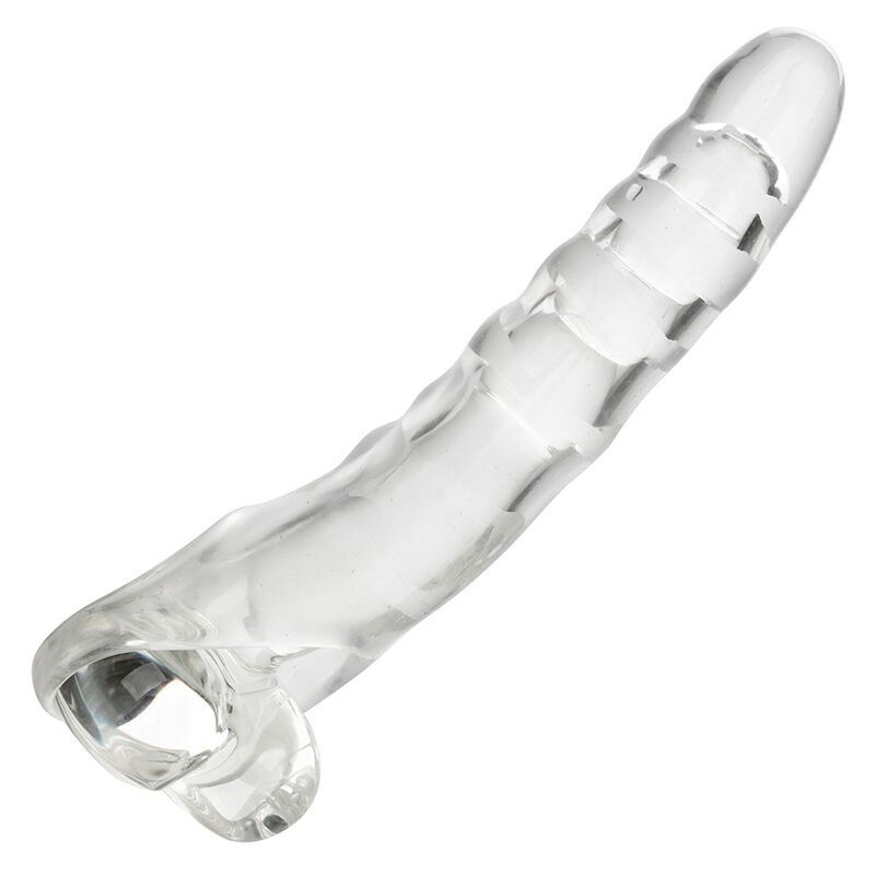 Transparente Penisverlängerung mit geriffelter Oberfläche und Ring. Geformt für die Verwendung. Aus transparentem Material.