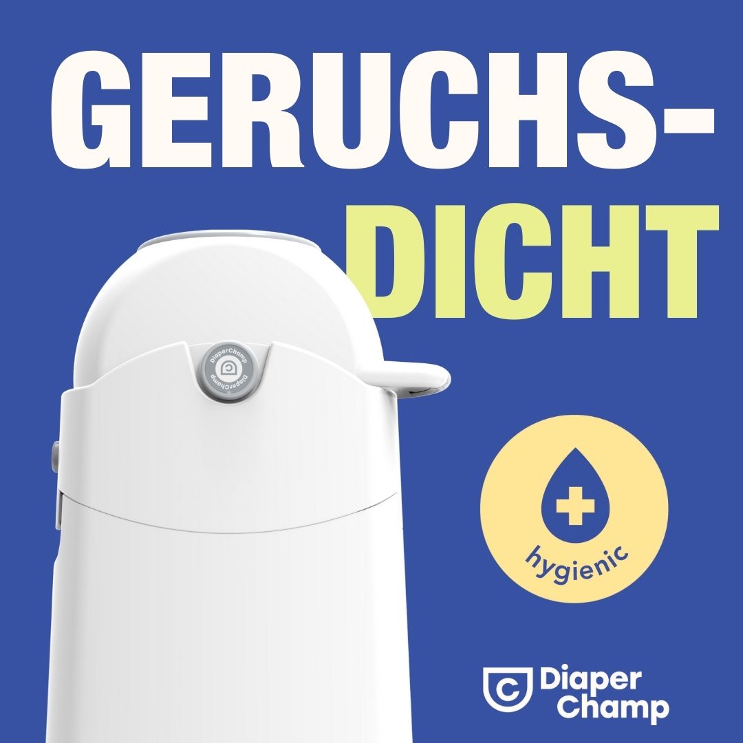 Weißer Windeleimer mit Deckel. Text: GERUCHSDICHT, hygienic. Logo Diaper Champ. Gelbes Symbol mit Tropfen und Kreuz.