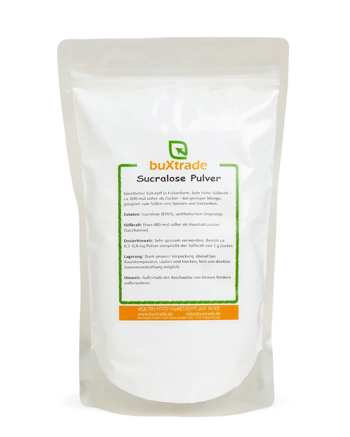 Buxtrade Sucralose Pulver in einem weißen Standbodenbeutel mit grüner und oranger Beschriftung.