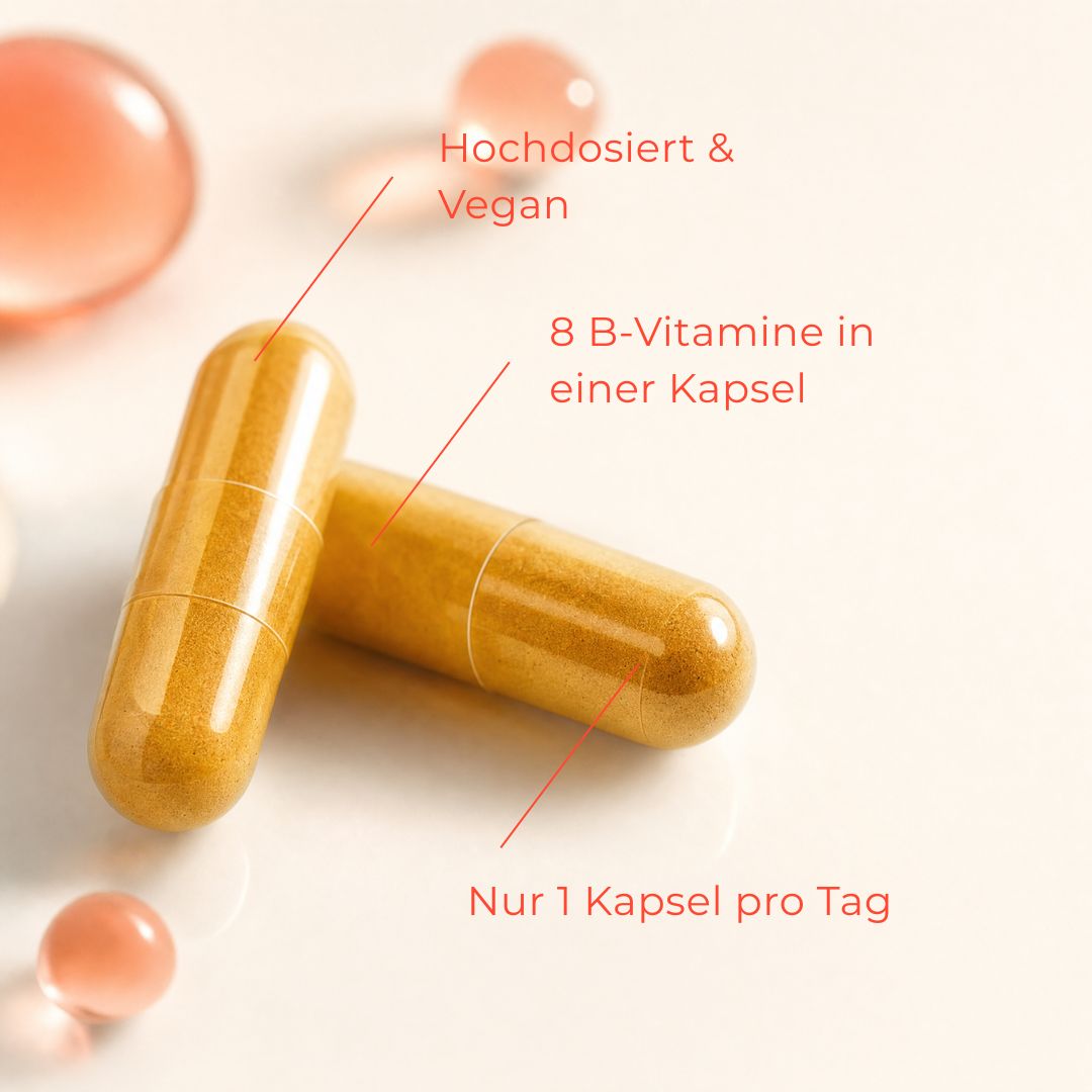 Zwei B-Komplex Kapseln mit Hinweisen: Hochdosiert & Vegan, 8 B-Vitamine, Nur 1 Kapsel pro Tag.