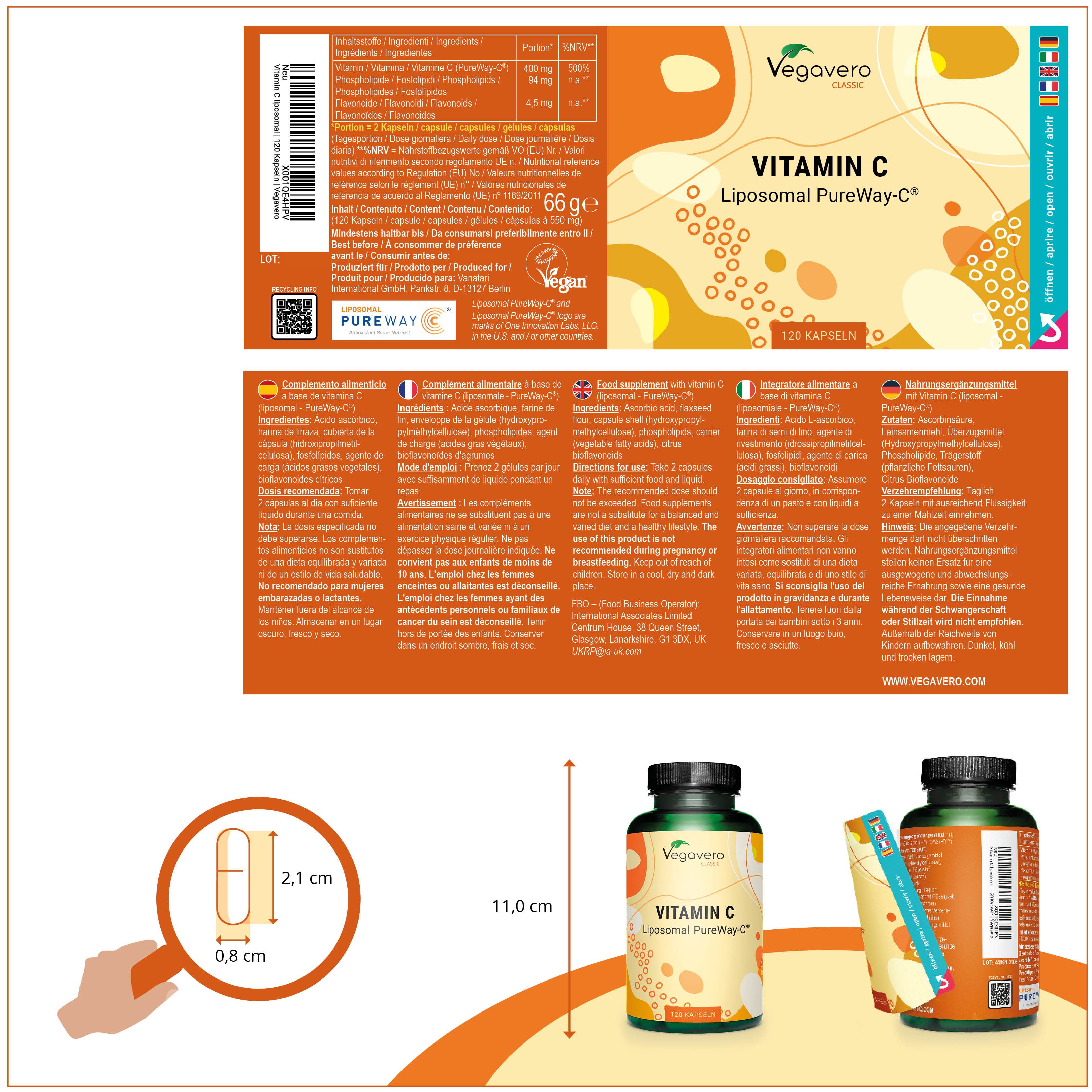Produktverpackung mit Informationen. Flasche und Kapsel-Größenvergleich. Aufschrift: Vegavaro, Vitamin C Liposomal.