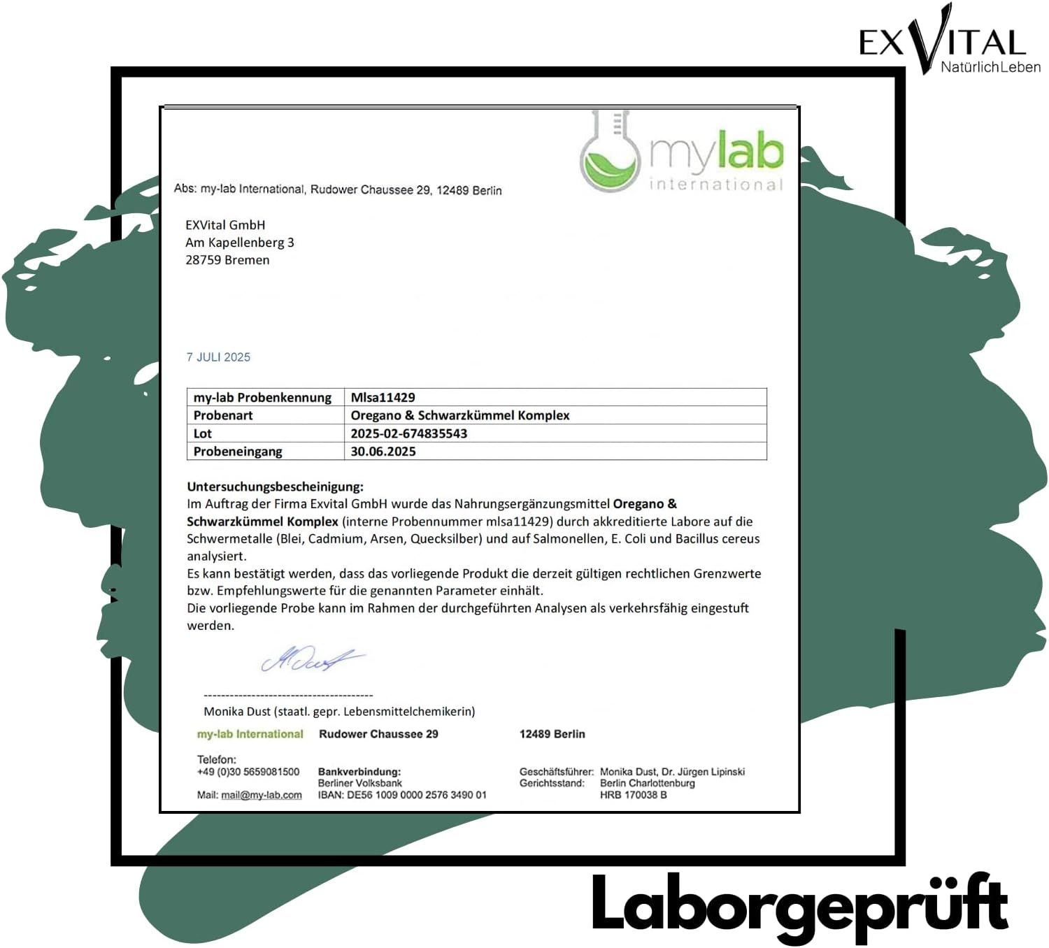 EXVital Laborbericht: Analyse von Oregano & Schwarzkümmel Komplex, bestätigt Laborgeprüft.