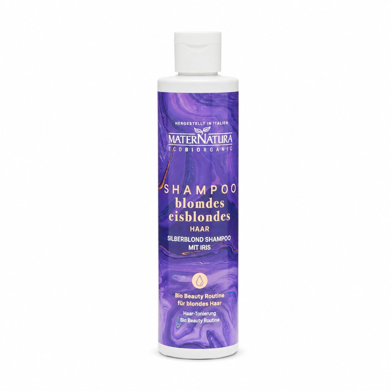 Flasche mit lila Etikett, darauf 'Shampoo blondes eisblondes Haar'.