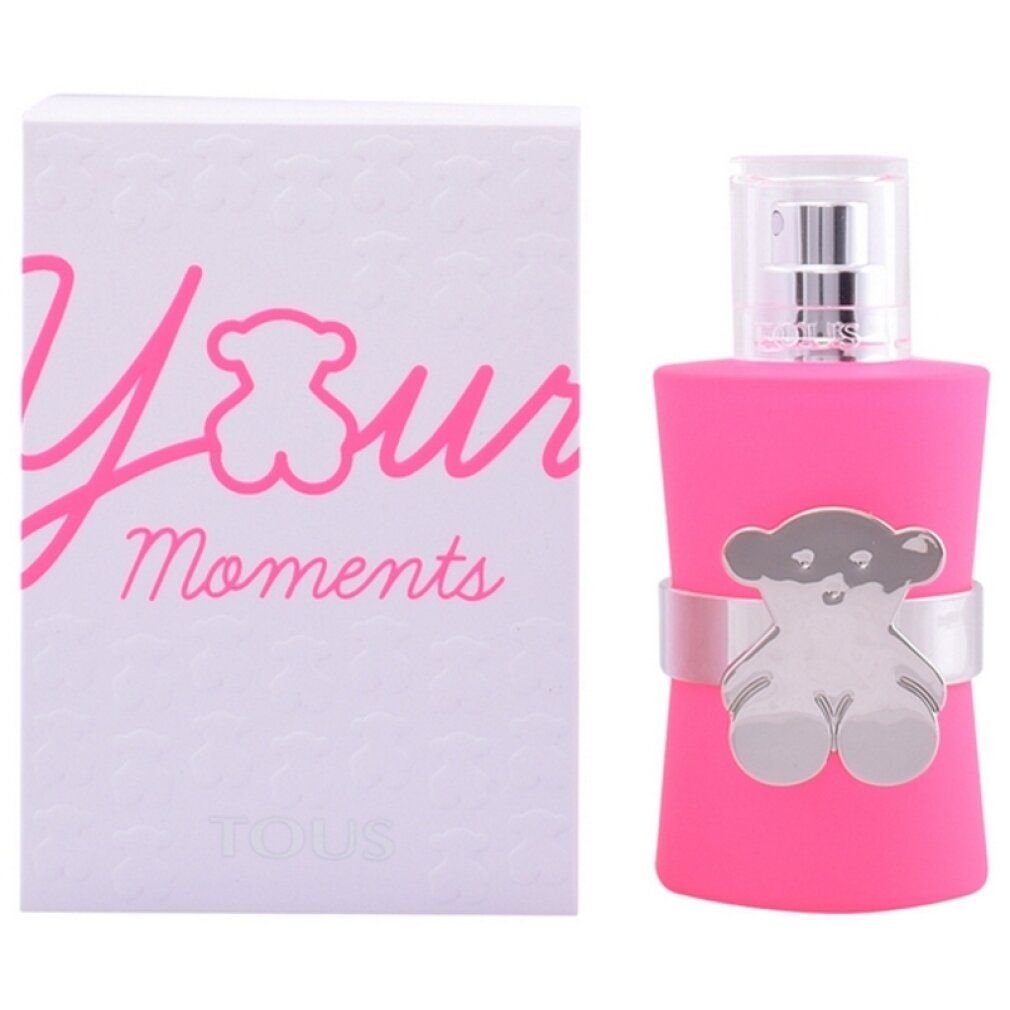 Rosa Flakon mit silbernem Bären-Dekor und weißer Verpackung mit Schriftzug "Your Moments".