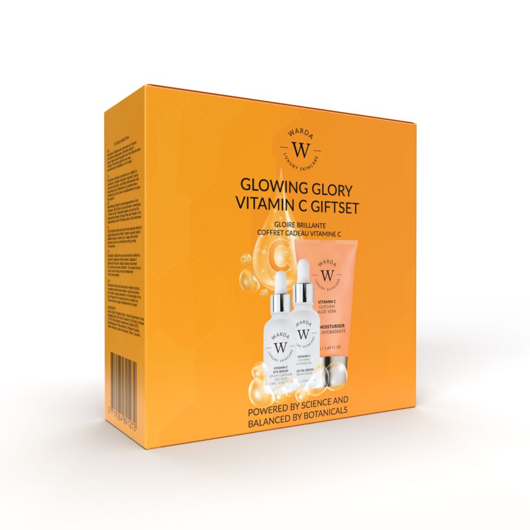 Warda Skincare Glowing Glory Vitamin C Geschenkset mit Serumflaschen und Gesichtscreme.