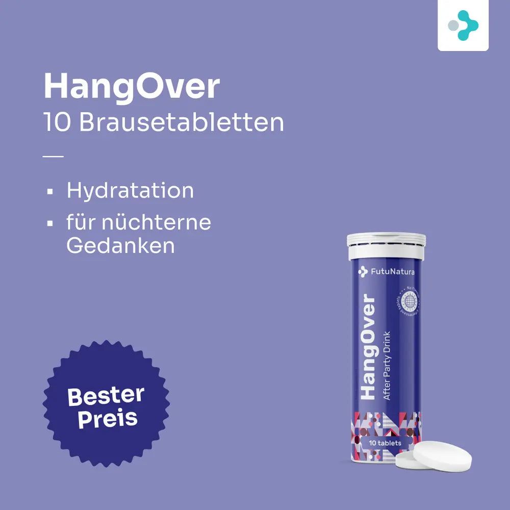 Blau-weiße Tube mit HangOver-Tabletten. 10 Brausetabletten. Hydratation. Für nüchterne Gedanken. Bester Preis.