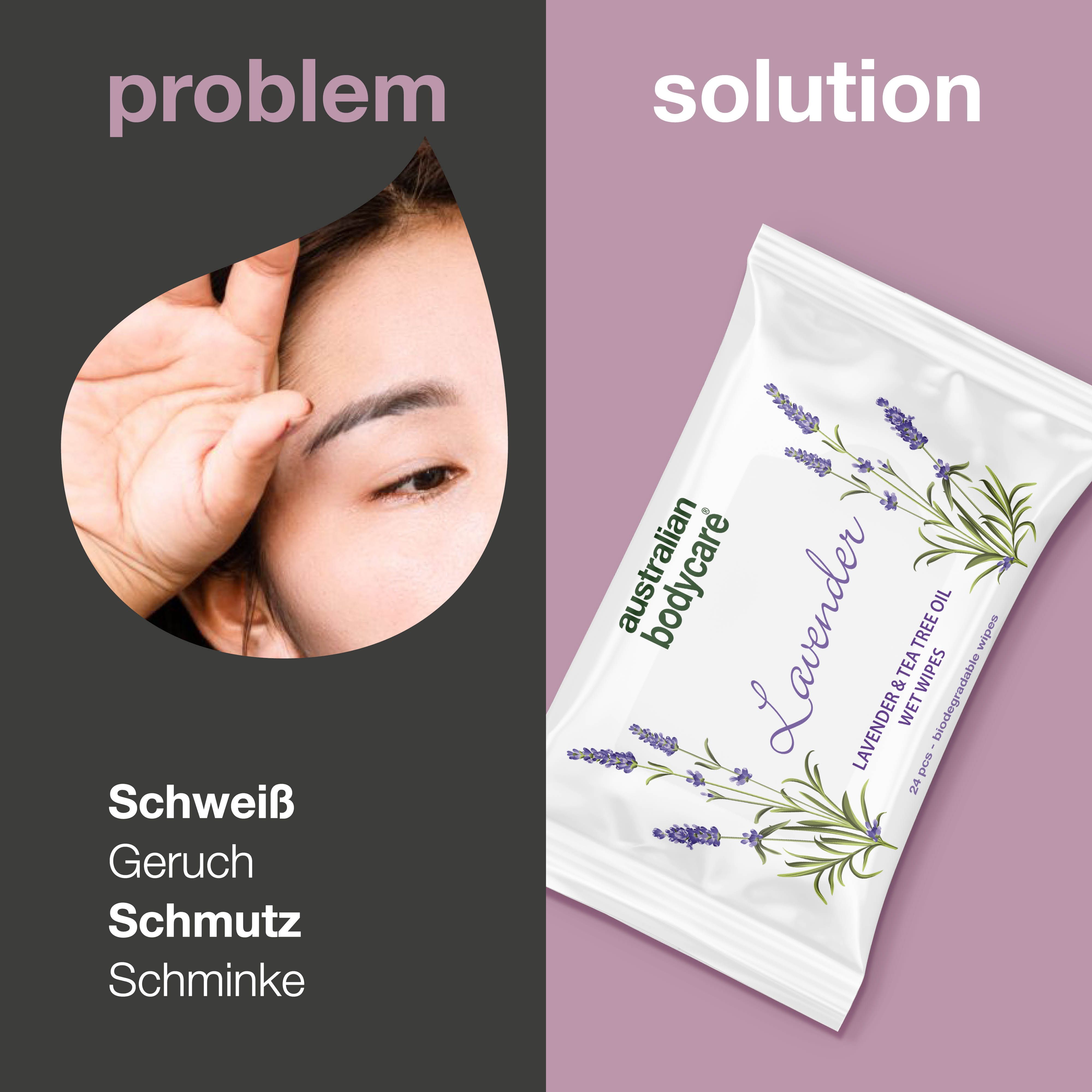 Gesicht mit Problem, daneben Verpackung. Text: Australian Bodycare, Lavender, Wet Wipes.