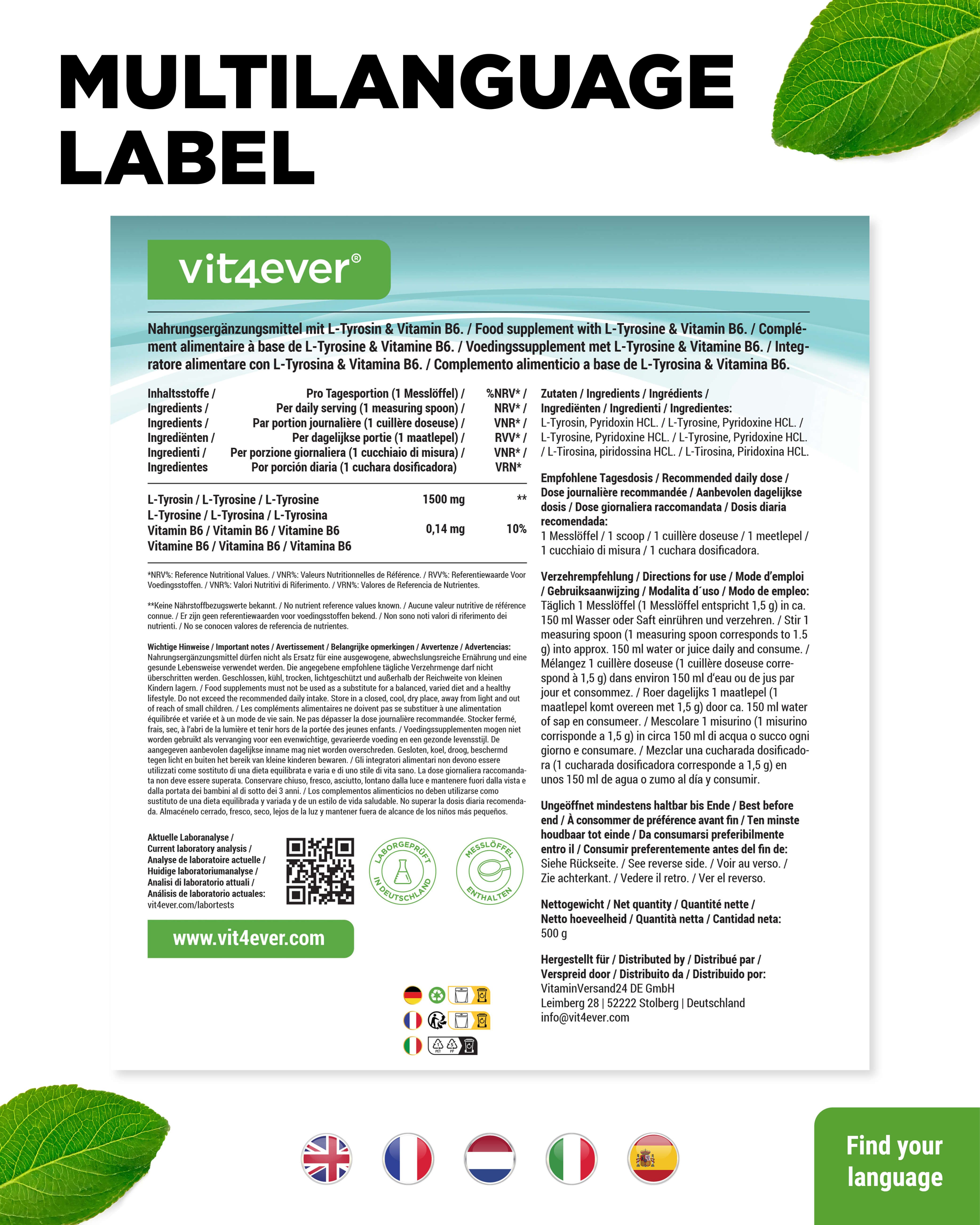 Vit4ever L-Tyrosin Pure Produktetikett. Mehrsprachig. Enthält Informationen zu Inhaltsstoffen, Dosierung und Anwendung. Mit Flaggen.