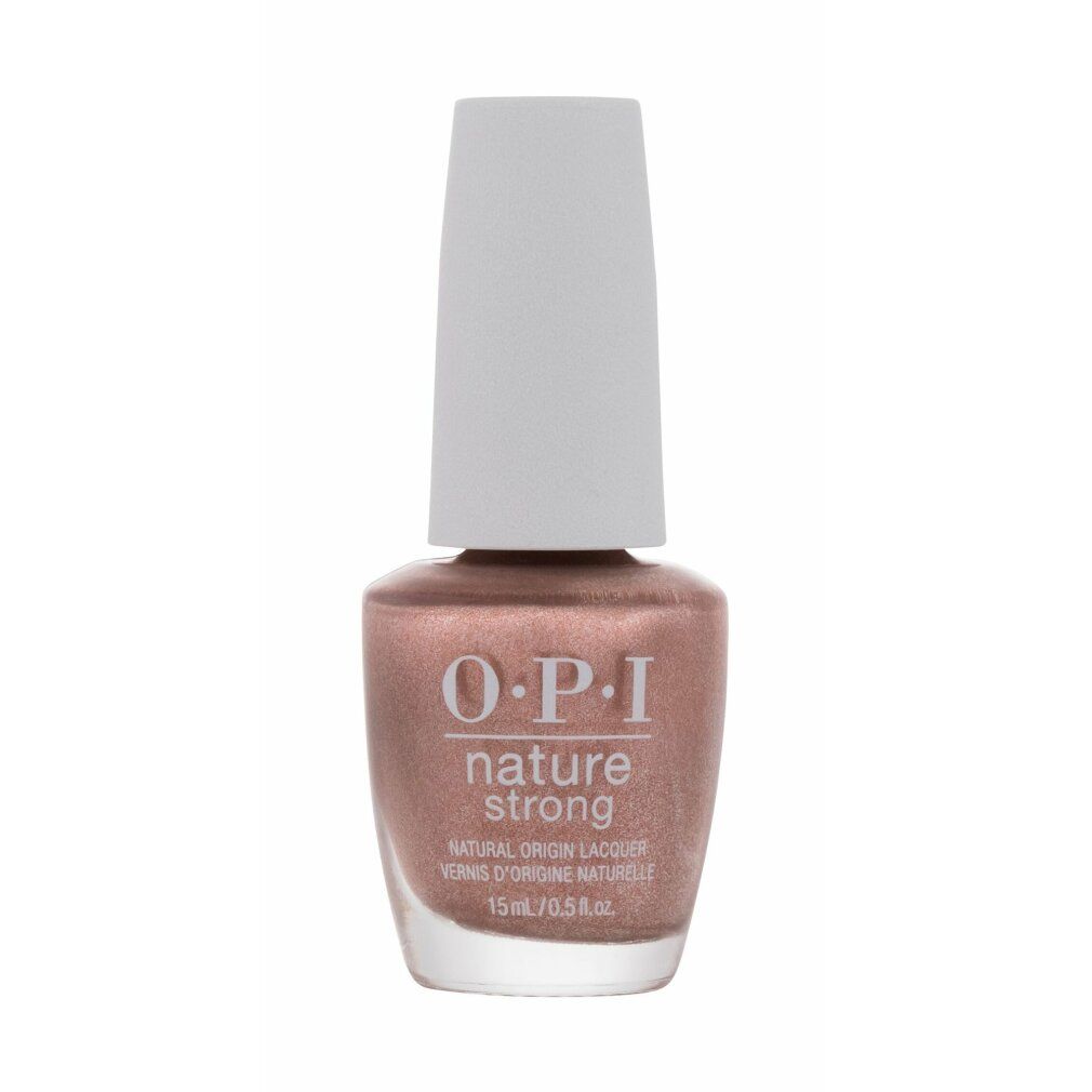 Nagellackflasche mit weißem Deckel. Roségoldener Lack. OPI Nature Strong-Logo. 15ml.