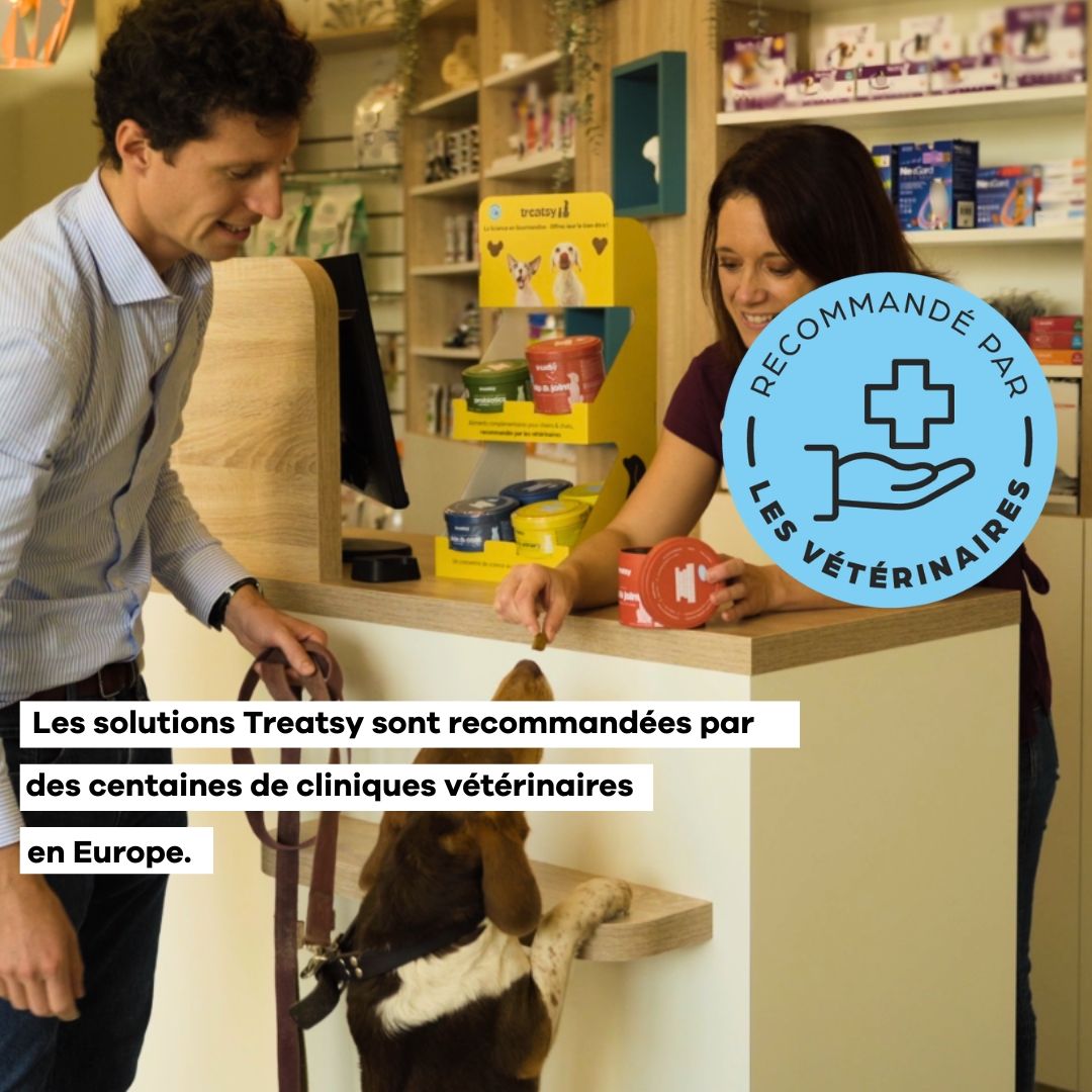 Mann und Frau in Tierhandlung. Text: Les solutions Treatsy sont recommandées par des centaines de cliniques vétérinaires en Europe.