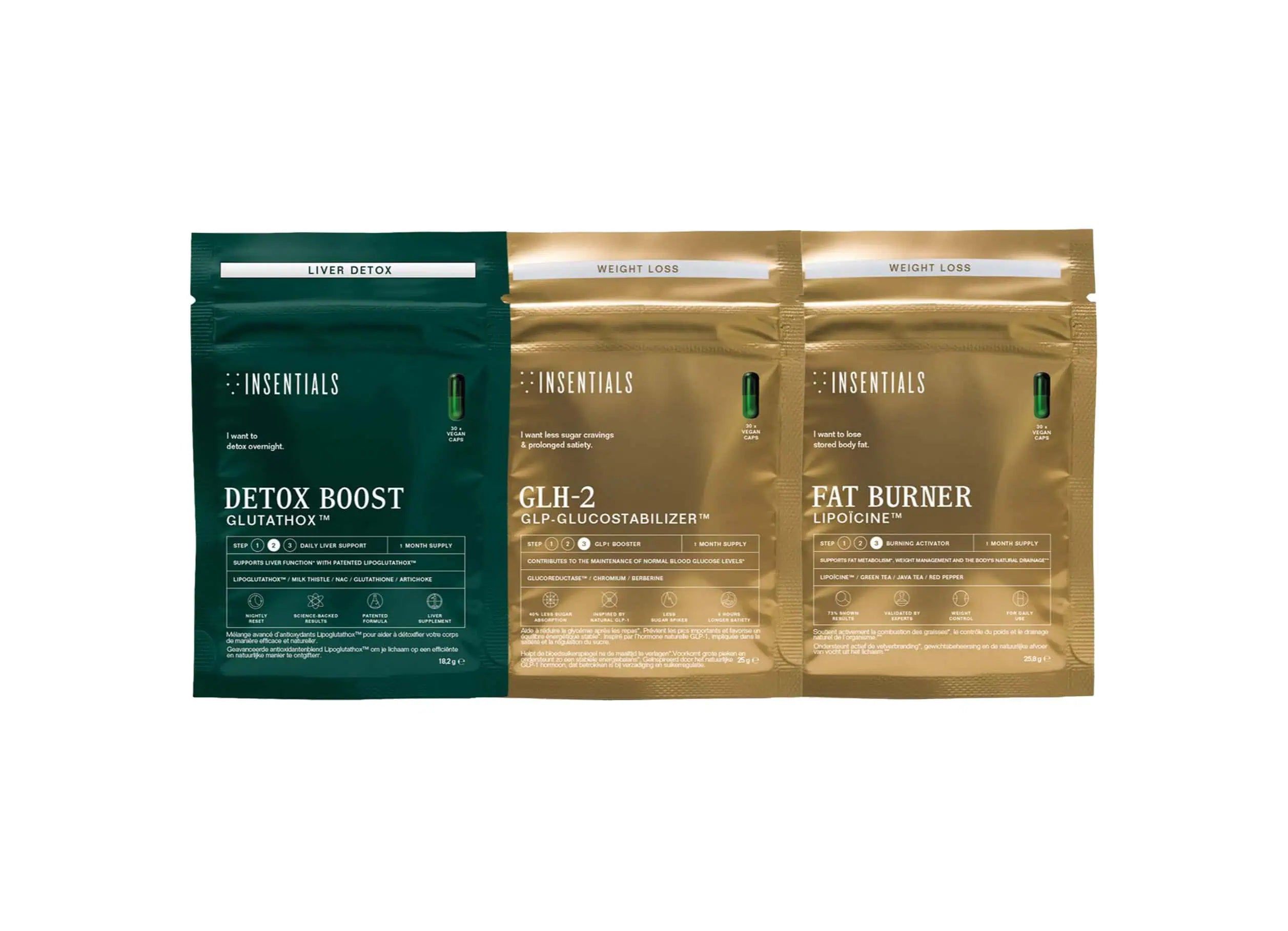 Drei Beutel: Detox Boost, GLH-2 und Fat Burner. Grüne und goldene Verpackung mit Produktnamen und -details.