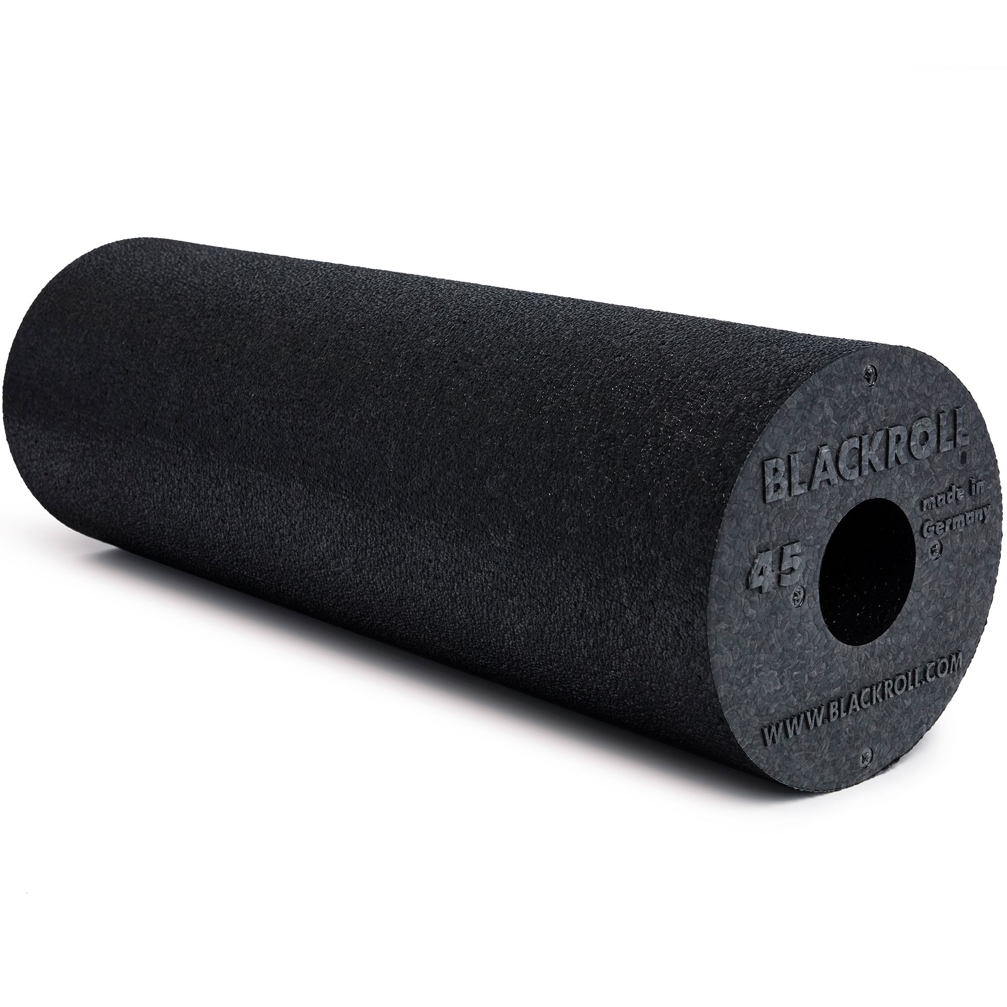 Schwarze Faszienrolle mit Loch. Aufschrift BLACKROLL, 45, Made in Germany. Zylindrische Form.