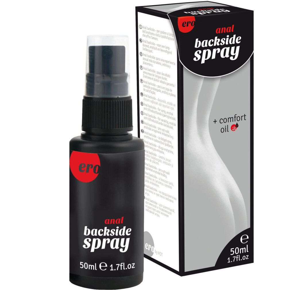 Schwarze Sprühflasche mit Ero Anal Backside Spray, 50ml. Daneben die Verpackung mit Gesäßabbildung.