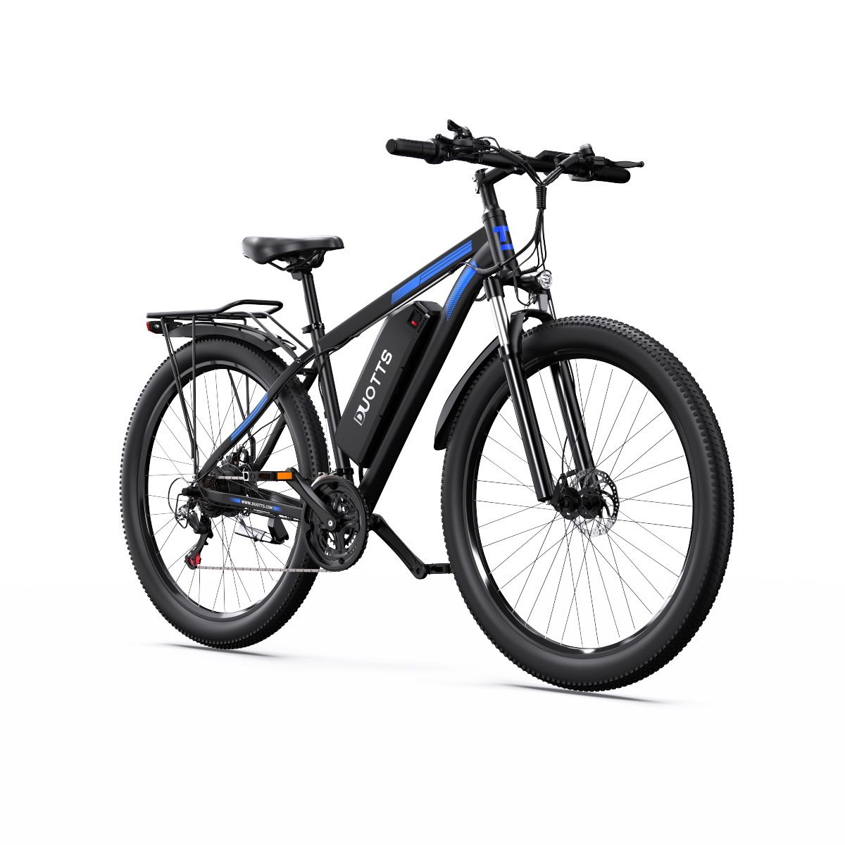 Schwarzes E-Bike mit blauen Akzenten. Gepäckträger hinten, Ständer. DUOTTS-Logo. Große Reifen, Scheibenbremsen.
