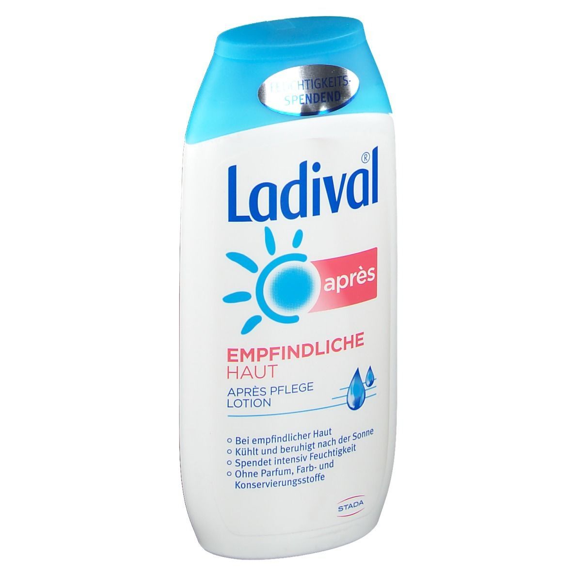 Weiße Flasche mit blauem Deckel. Aufschrift: Ladival, Après Pflege Lotion. Logo: Sonne. Text: Empfindliche Haut.