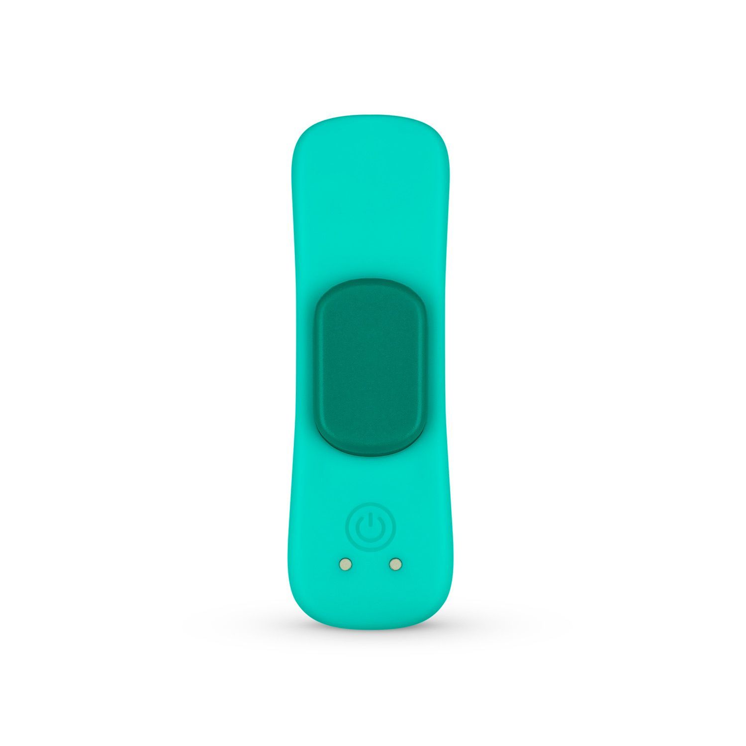 Türkisfarbenes Wellness-Produkt mit grünem Knopf. Auf der Unterseite befinden sich zwei Knöpfe und ein Symbol.