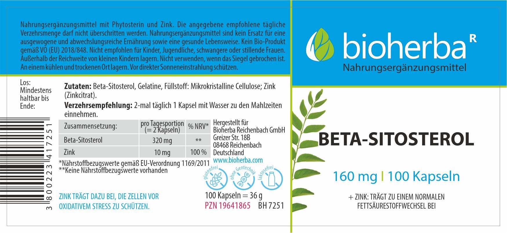 Etikett mit Produktinformationen. Enthält Beta-Sitosterol und Zink. Angaben zu Inhaltsstoffen und Verzehrempfehlung. Marke: Bioherba.