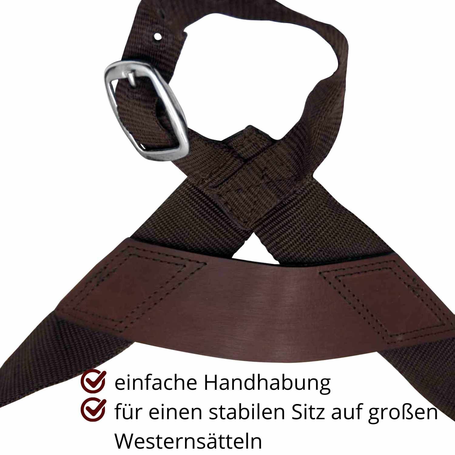 Braune Steigbügel mit Riemen und Schnalle. Text: Einfache Handhabung, für einen stabilen Sitz auf großen Westernsätteln.