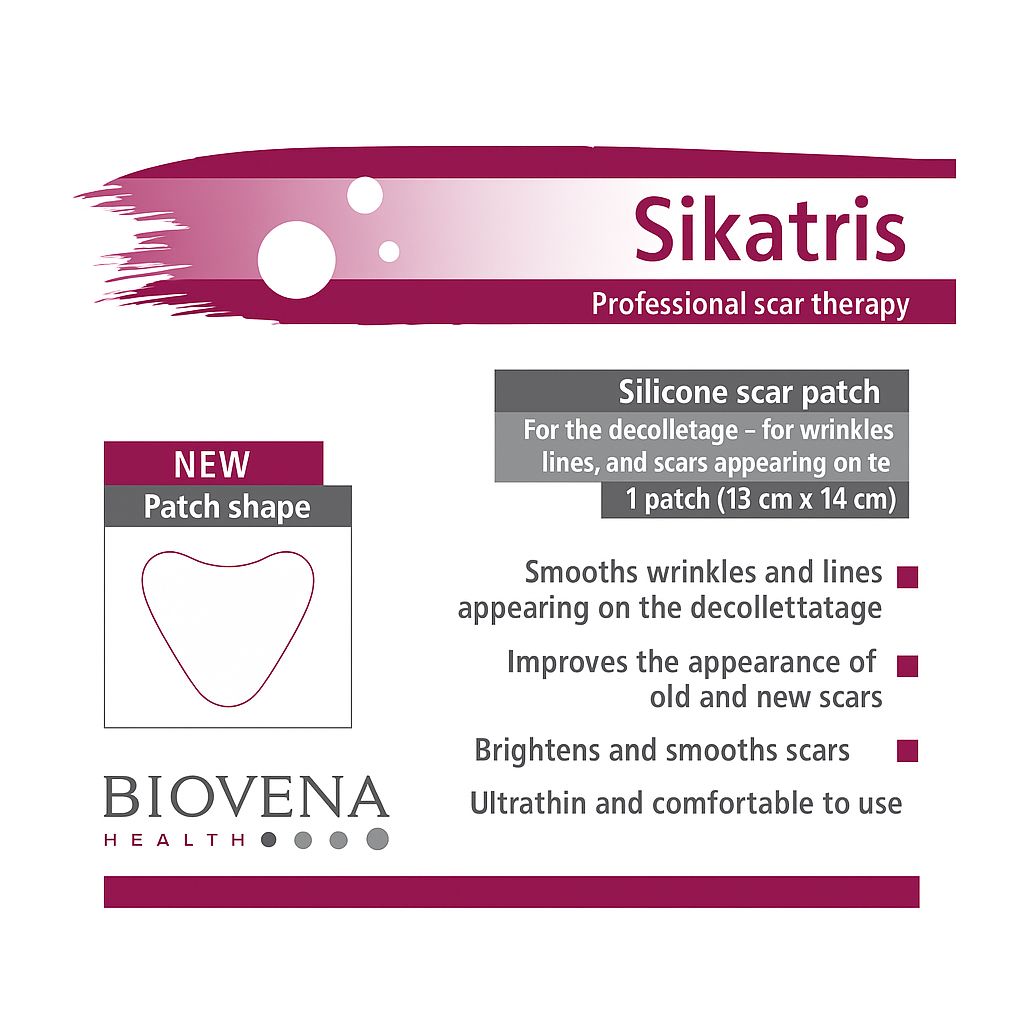 Verpackung mit Text: Sikatris, professionelle Narbentherapie. Zeigt ein herzförmiges Pflaster. Text: Silikon-Narbenpflaster, 13x14 cm.