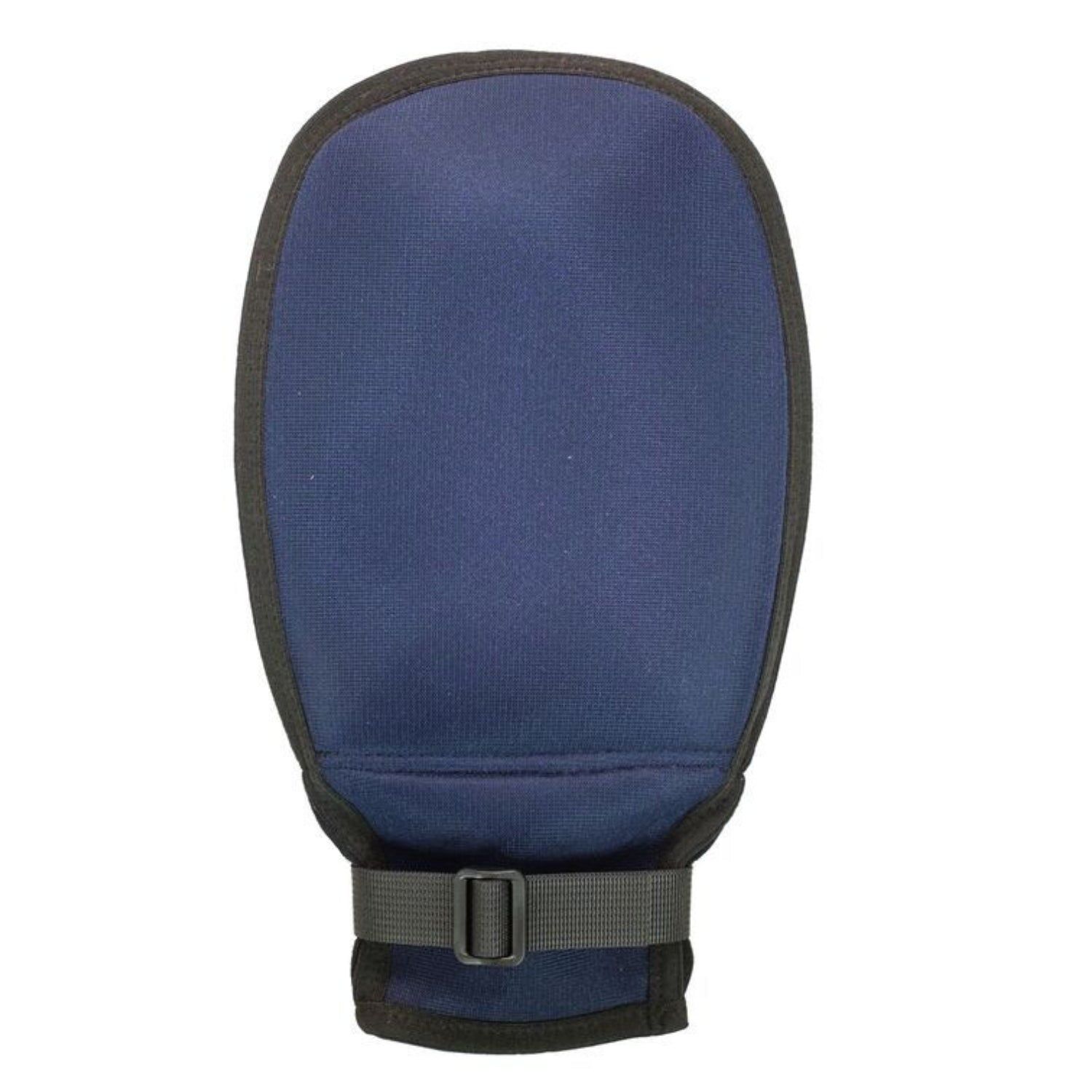 Blauer Handschuh mit schwarzem Rand und Riemen mit Schnalle am Handgelenk.
