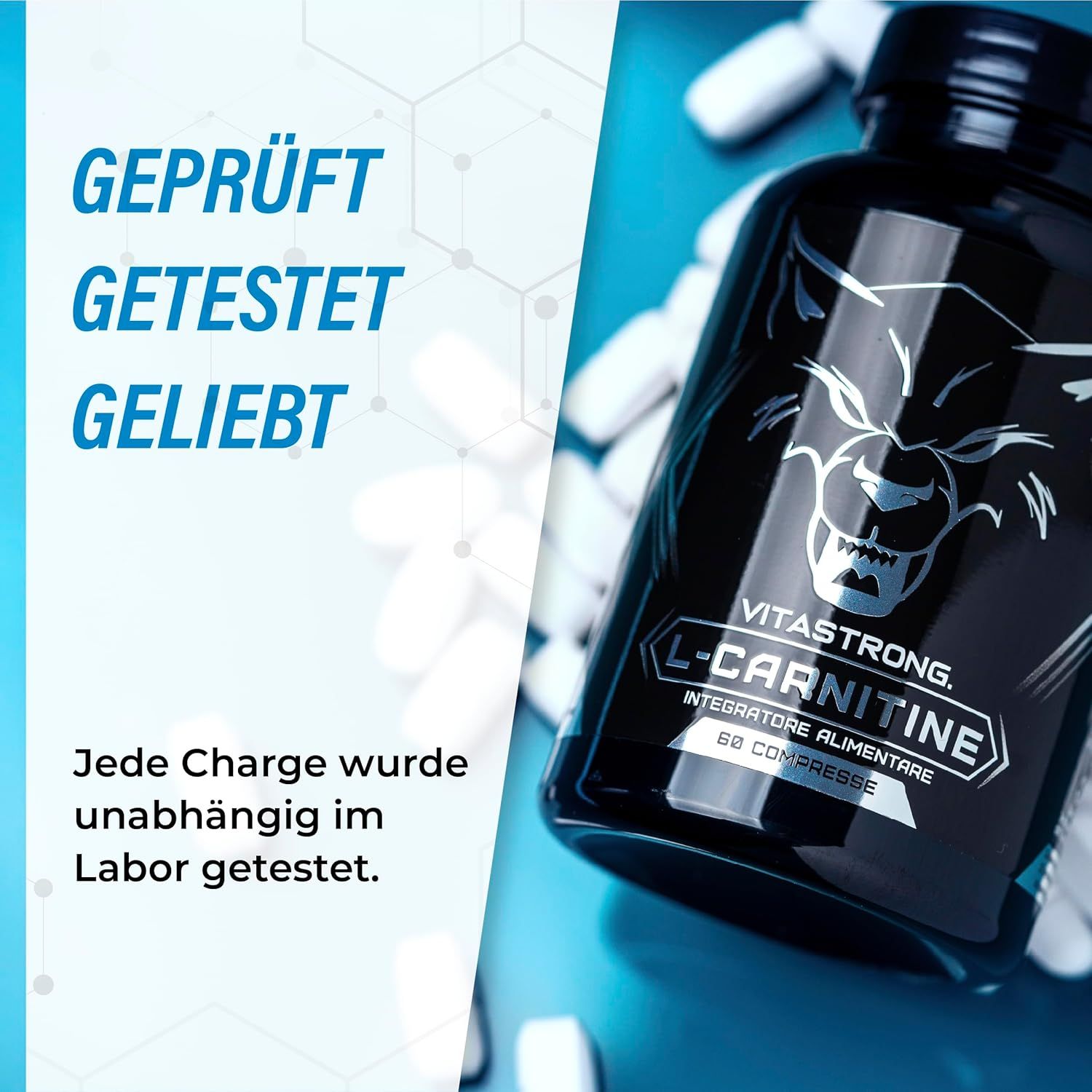 Vitastrong L-Carnitin, 60 Tabletten. Flasche mit Wolfslogo. Text: Geprüft, getestet, geliebt. Blaue und weiße Elemente.