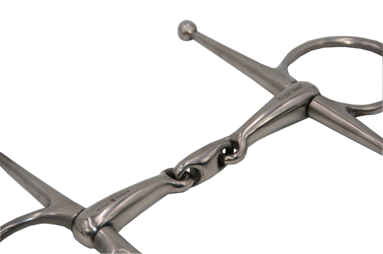 Knebeltrense aus Metall. Mundstück mit Gelenk und seitlichen Ringen. Stangen mit Kugelkopf.