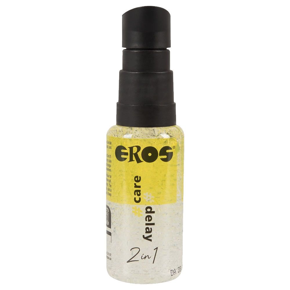 Flasche mit schwarzem Pumpkopf. Gelbes Etikett mit "EROS care delay 2in1".