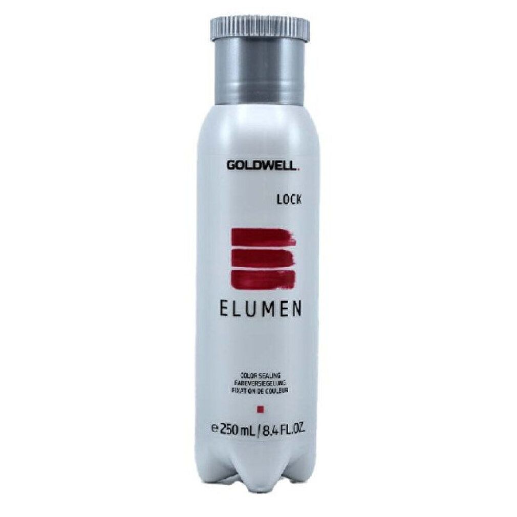 Goldwell Elumen Lock Farbversiegelungsbehandlung. Weiße Flasche mit silbernem Deckel. Rote Streifen und Schriftzug Elumen.