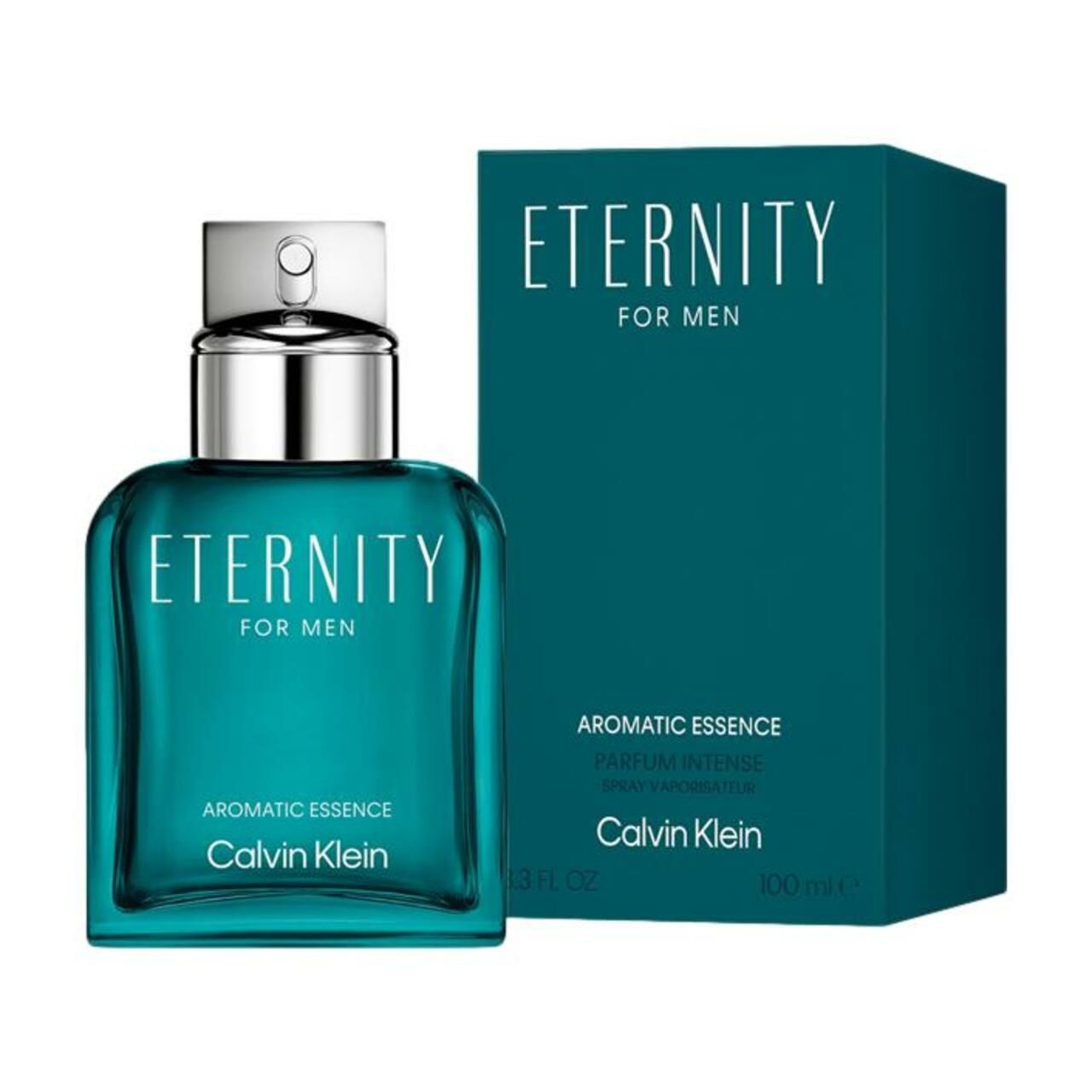 Türkisgrüner Flakon und Schachtel. Aufschrift: Eternity for Men, Aromatic Essence, Calvin Klein. Silberner Verschluss.