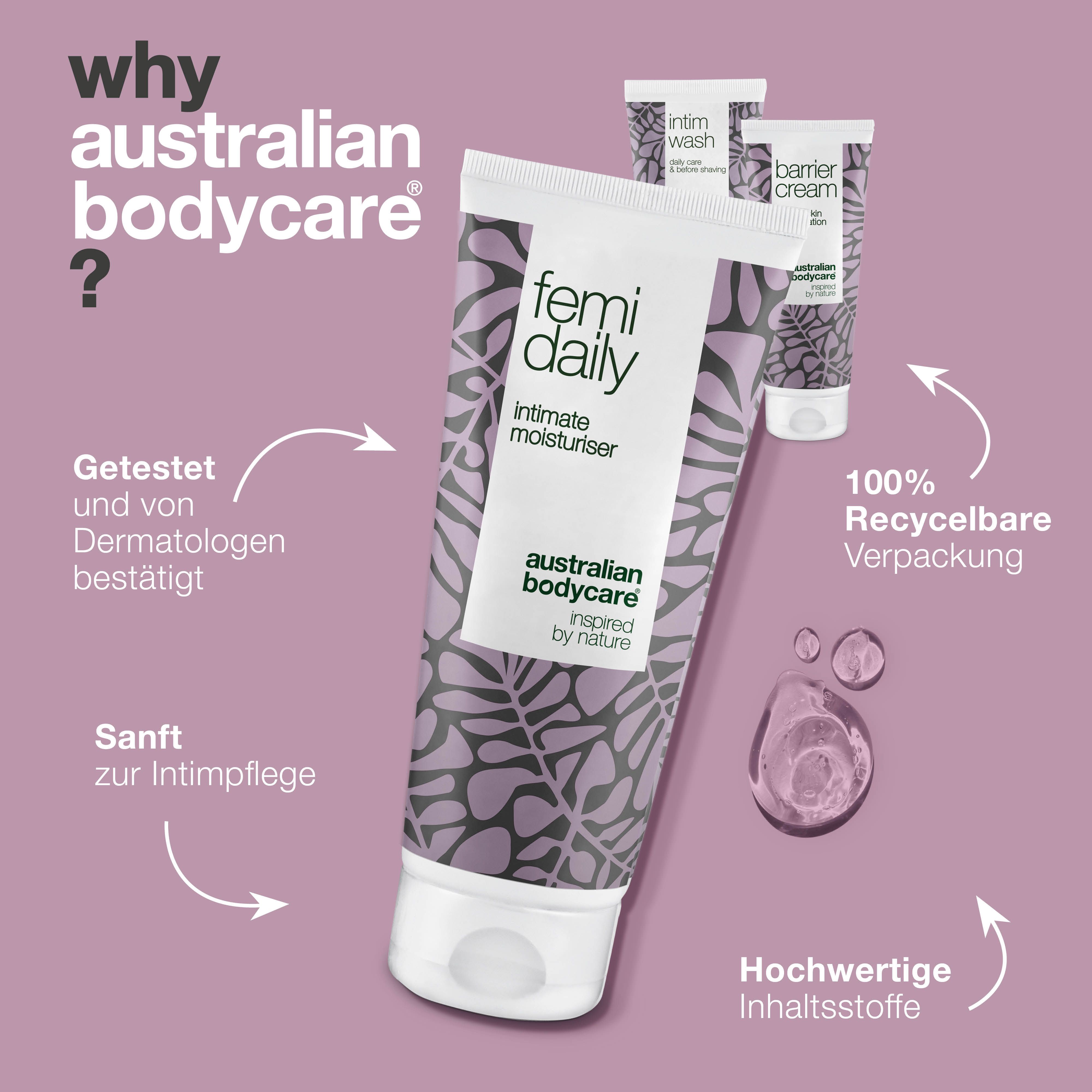 Tube Femi Daily, Intim-Feuchtigkeitspflege. Text: Getestet und von Dermatologen bestätigt. Marke: Australian Bodycare.